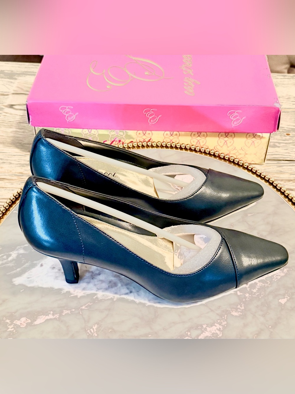 Easy Street Chiffon Navy Pointed-Toe Low Heel Pumps | Sz. 6 (NWB)